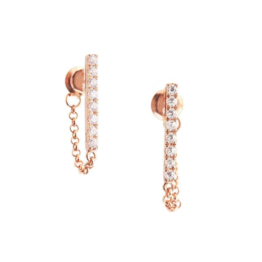 Earrings CE-293-CZ Love Bar Chain Earrings - Cubic Zirconia & Rose Gold