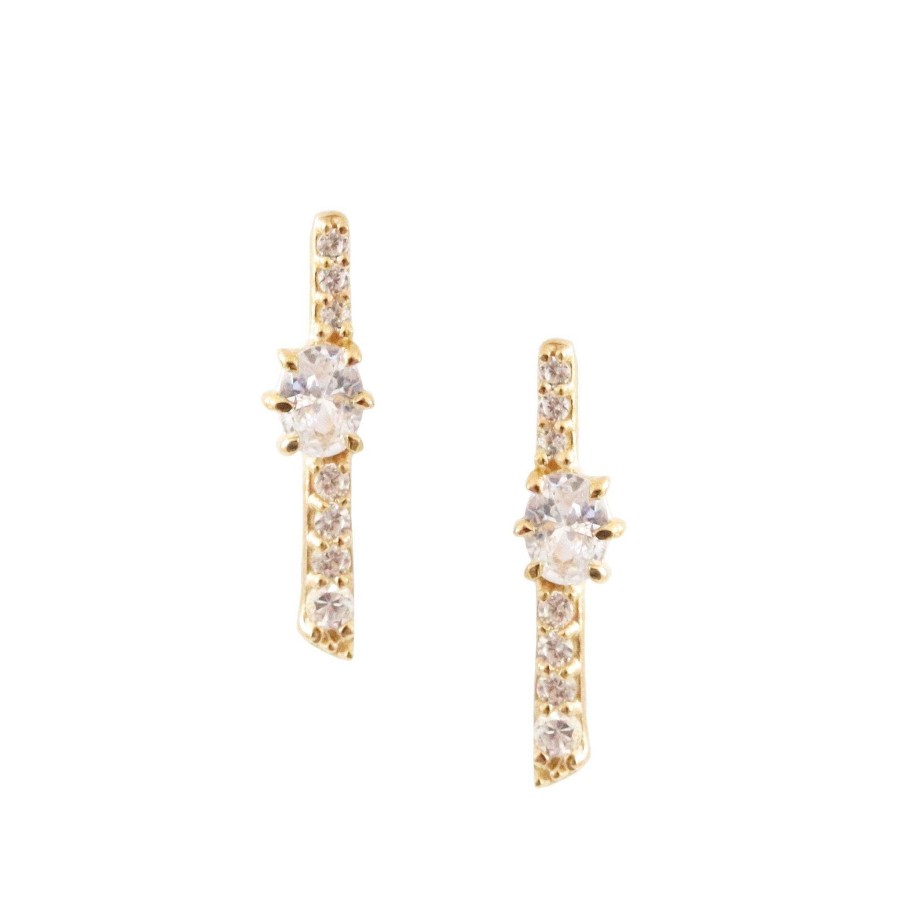 Earrings CE-316-CZ Dainty Kind Oval Bar Studs - Cubic Zirconia & Gold