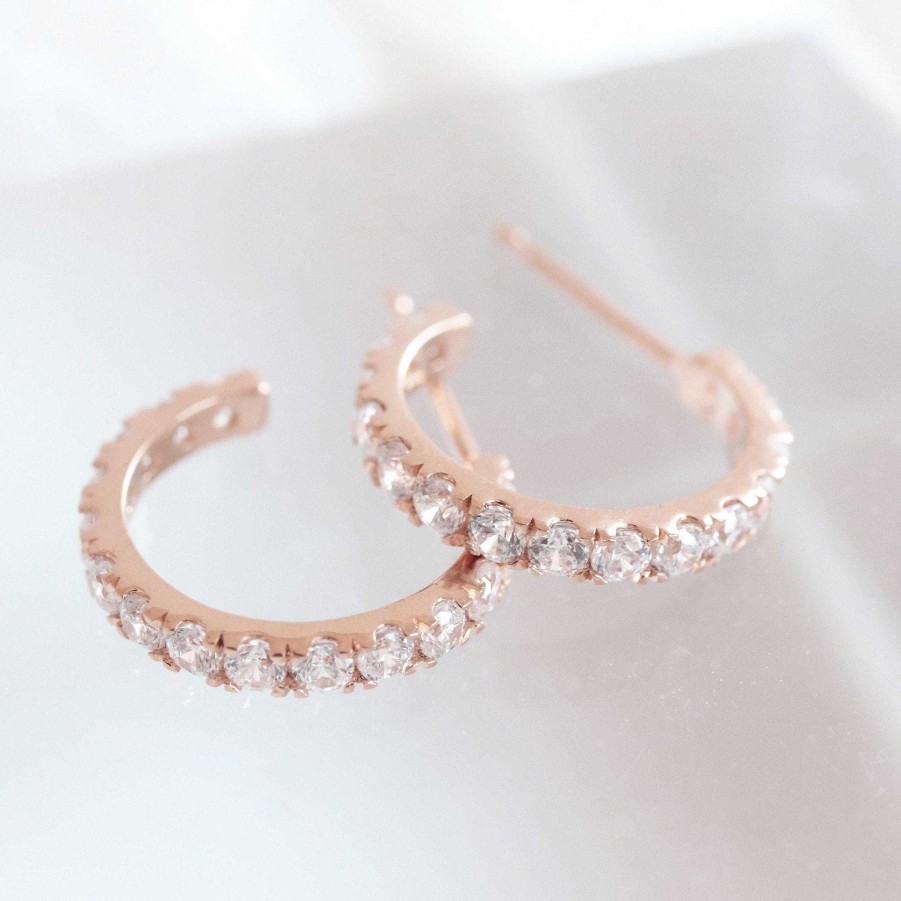 Earrings CE-197-CZ Love Huggie Hoops - Cubic Zirconia & Rose Gold