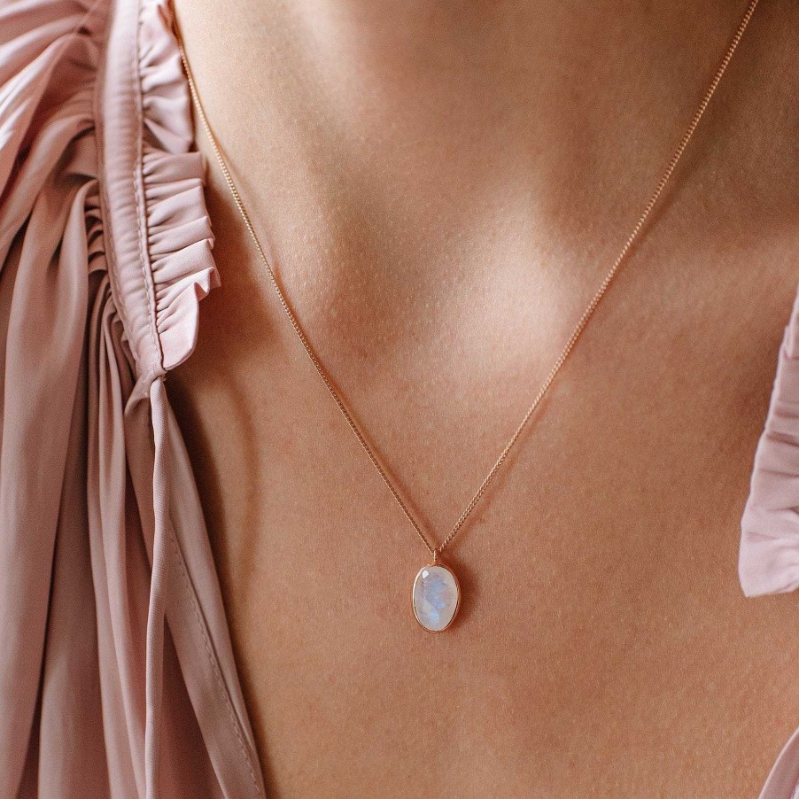 Necklaces CN-203 Protect Pendant Necklace - Rainbow Moonstone & Rose Gold