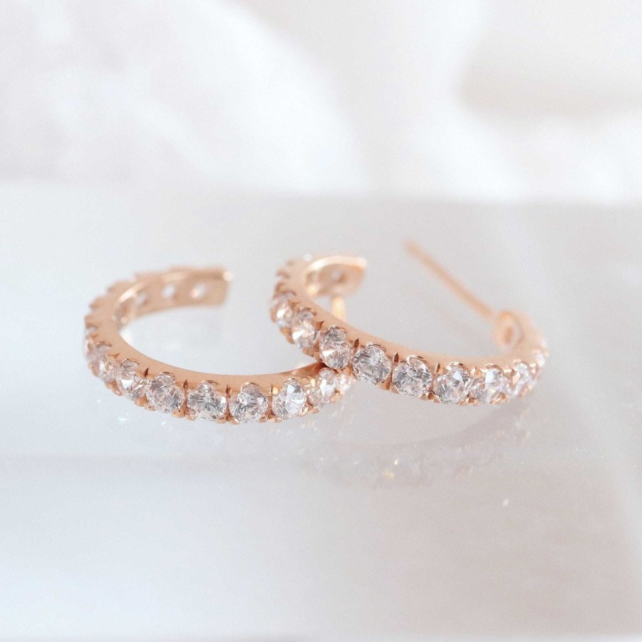 Earrings CE-197-CZ Love Huggie Hoops - Cubic Zirconia & Rose Gold