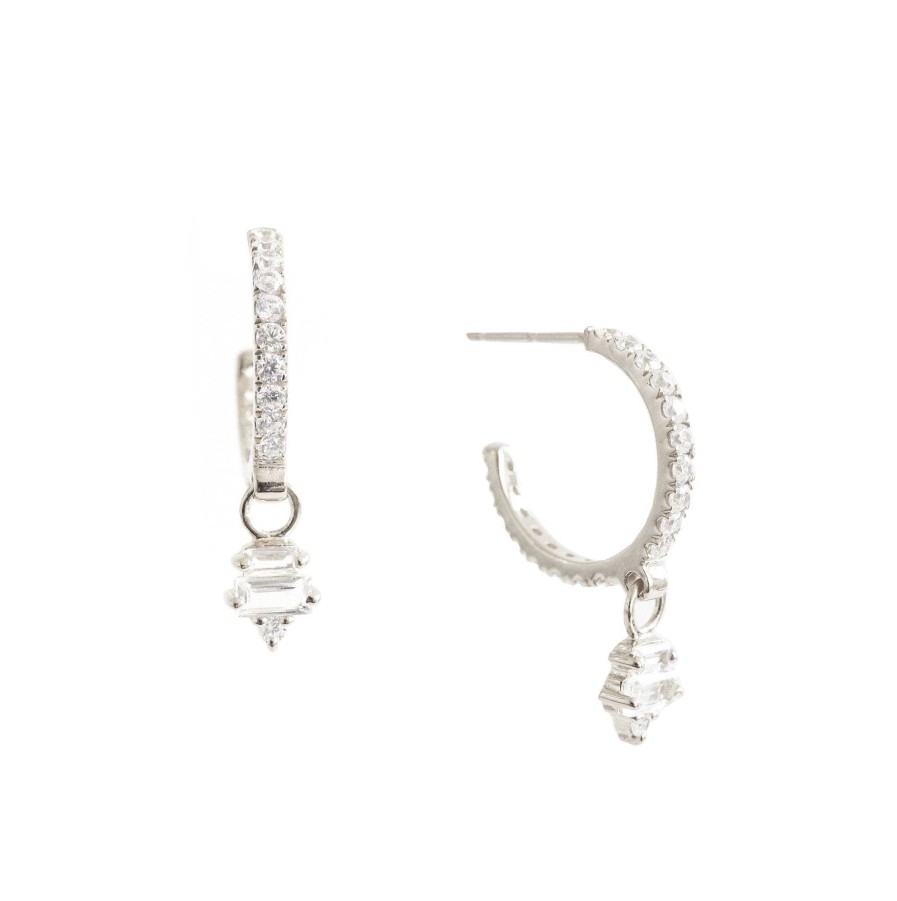 Earrings CE-223-TW-CZ Loyal Huggie Dangle Hoops - White Topaz, Cubic Zirconia & Silver