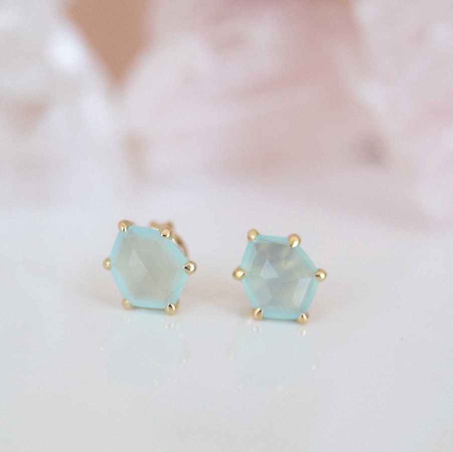 Earrings CE-122AQC Mini Honour Stud Earrings - Aqua Chalcedony & Gold