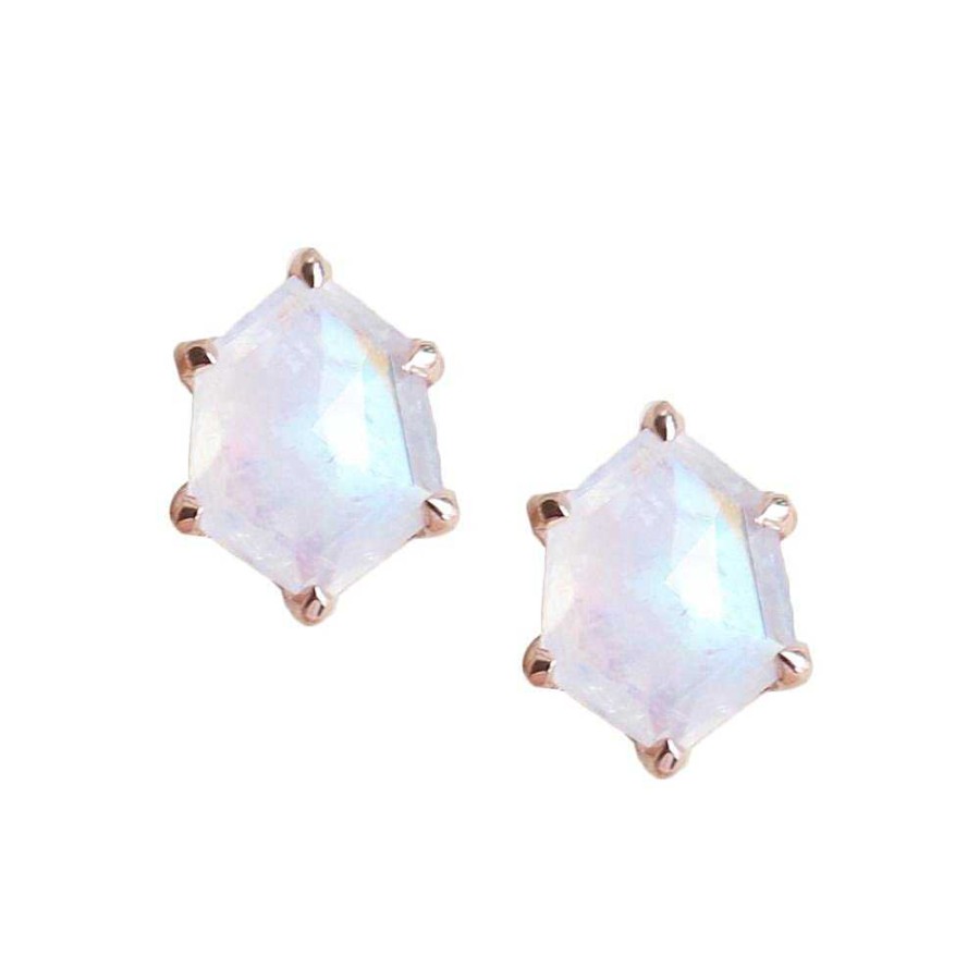 Earrings SP Mini Honour Stud Earrings - Rainbow Moonstone & Rose Gold