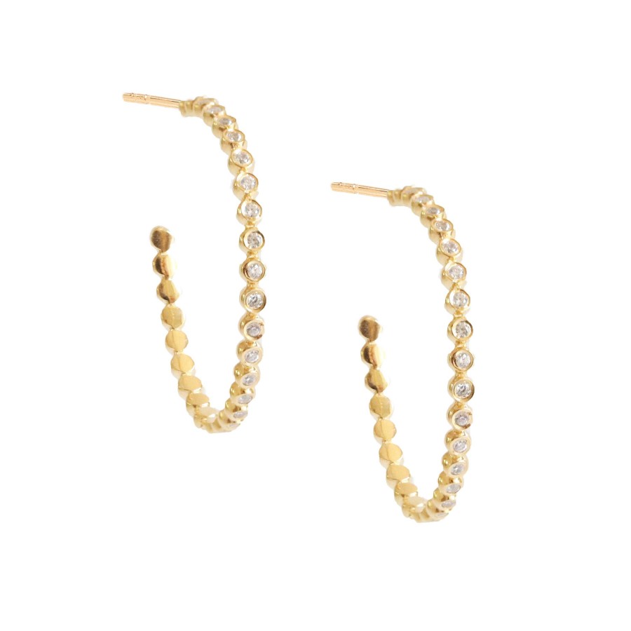 Earrings CE-202-CZ Love Disk Hoops - Cubic Zirconia & Gold