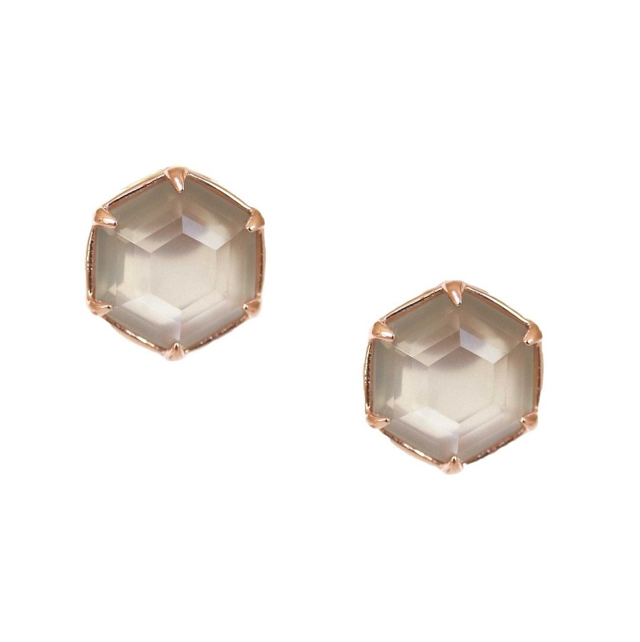 Earrings SP Grace Hexagon Stud Earrings - Grey Moonstone & Rose Gold