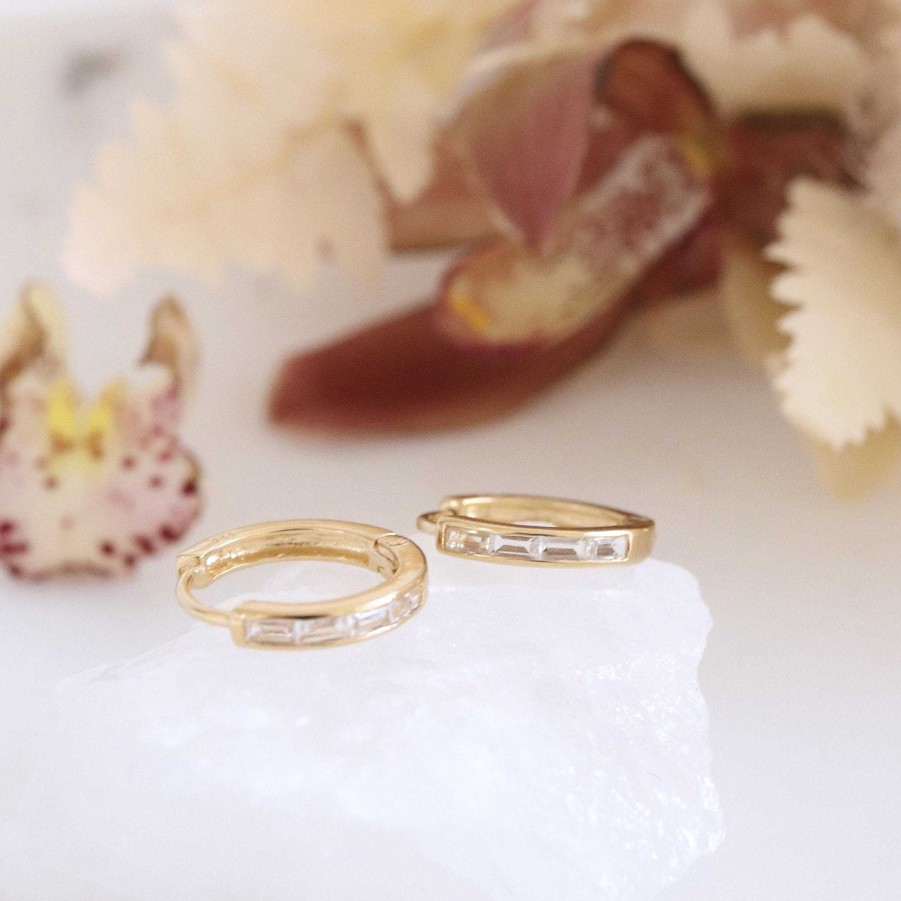 Earrings CE-222-TW Loyal Channel Huggie Hoops - White Topaz & Gold